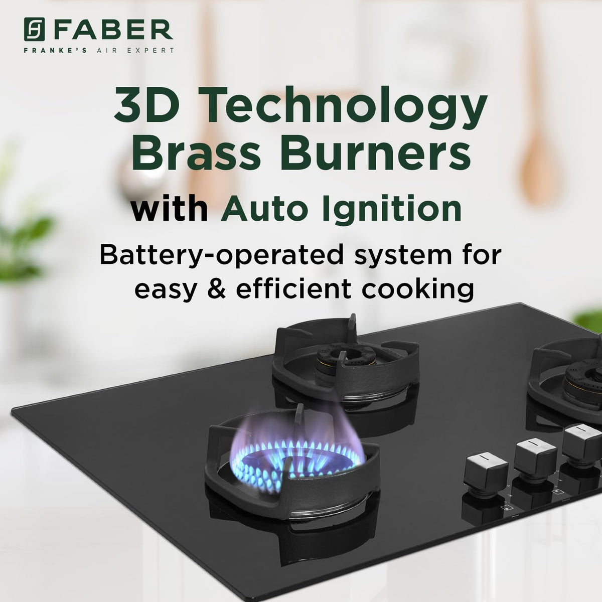 Faber 3 Burner 78cm Eros Hob |Auto-Ignition|Metal Knobs| Cast Iron Pan Support |Hob/Cooktop Hybrid| Black Glass Finish |