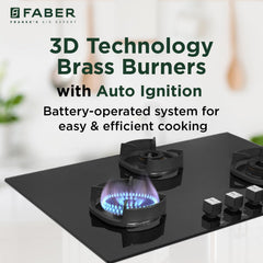 Faber 3 Burner 78cm Eros Hob |Auto-Ignition|Metal Knobs| Cast Iron Pan Support |Hob/Cooktop Hybrid| Black Glass Finish |