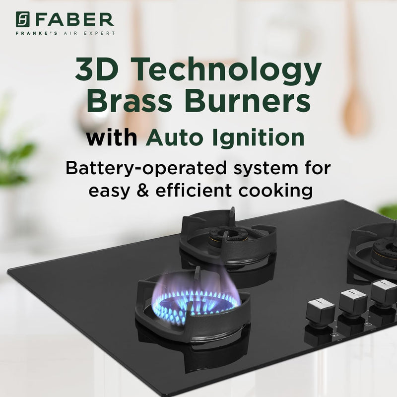 Faber 3 Burner 78cm Eros Hob |Auto-Ignition|Metal Knobs| Cast Iron Pan Support |Hob/Cooktop Hybrid| Black Glass Finish |