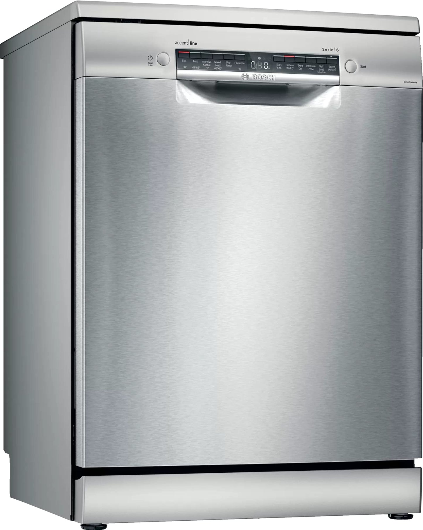 Bosch 14 Place Setting Dishwasher with Intensive Kadhai Program, 70⁰ Hot water wash, 3-Stage Adjustable Upper Rack, No Pre-Rinse (SMS46KI03I, Silver, Glass Protection Technology)