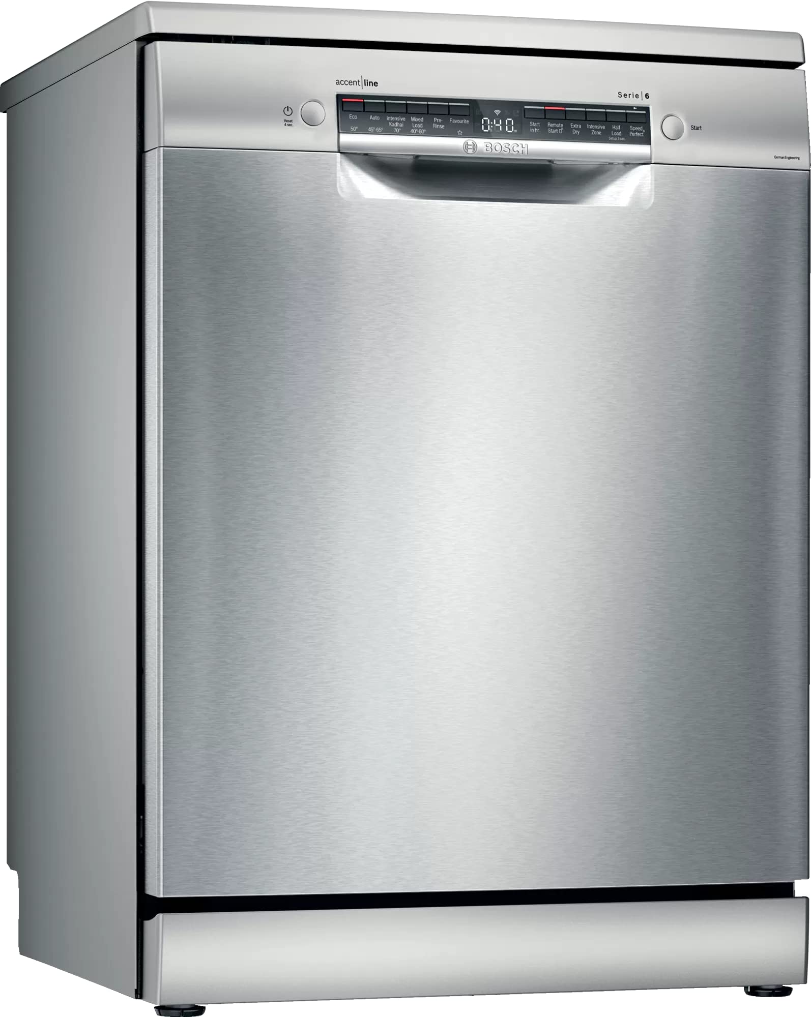 Bosch 14 Place Setting Dishwasher with Intensive Kadhai Program, 70⁰ Hot water wash, 3-Stage Adjustable Upper Rack, No Pre-Rinse (SMS46KI03I, Silver, Glass Protection Technology)