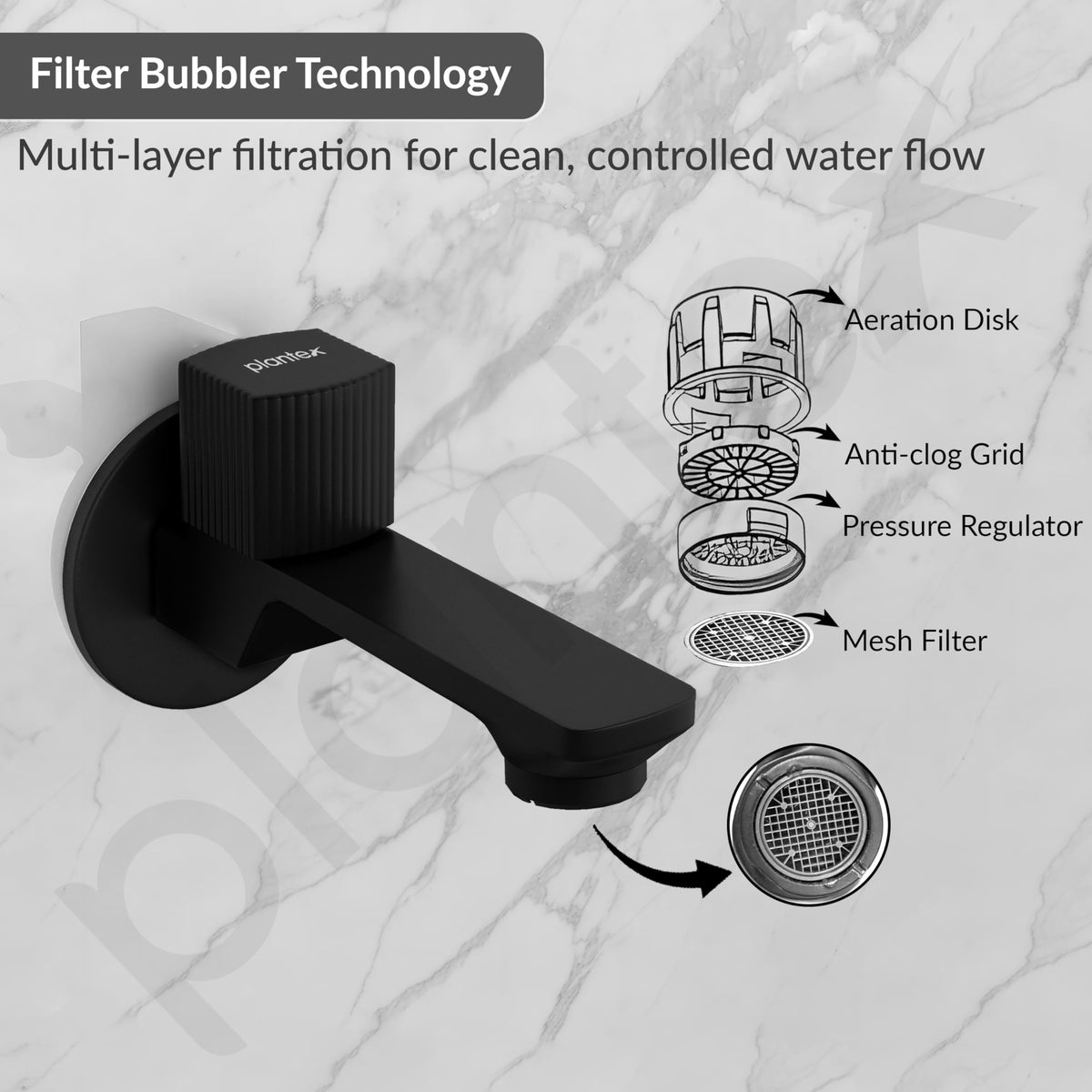 Plantex Single Knob Long Body Bib Tap for Bathroom with Water Saving Aerator/Tap for Wash Basin with Brass Spindle/Wall Mount Bib Tap with Wall Flange and Teflon Tape (Black)-5