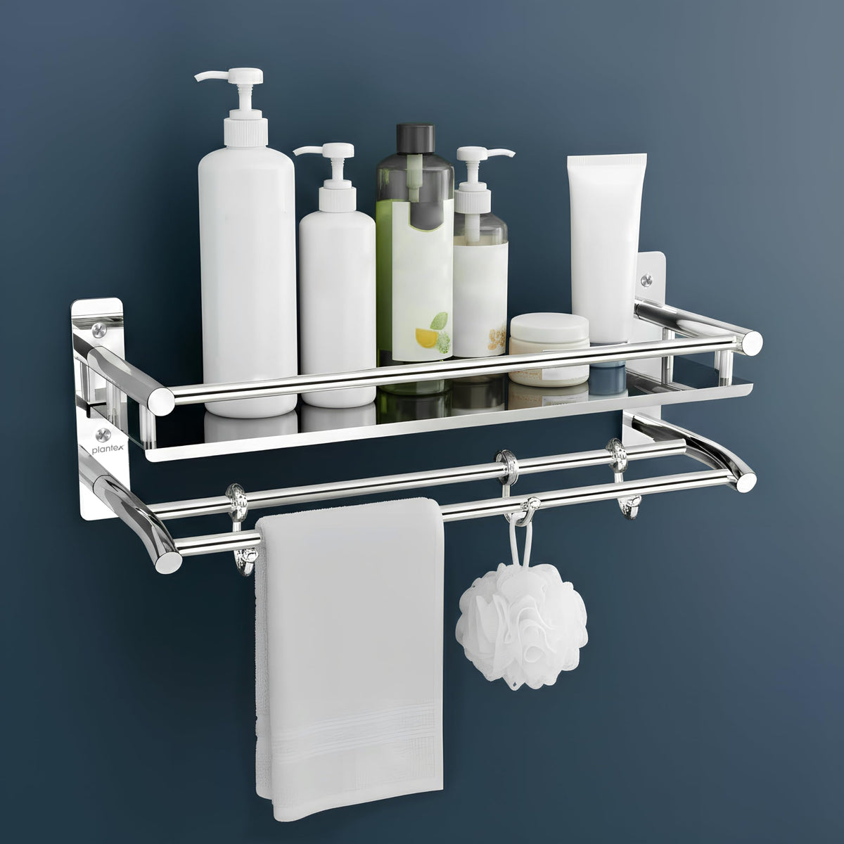 Plantex Premium Stainless Steel Bathroom Shelf/Multipurpose Rack with Towel Hooks & Hanger/Rod/Bathroom Organiser with Drill/Bathroom Stand-(2-Tier,Chrome)-1