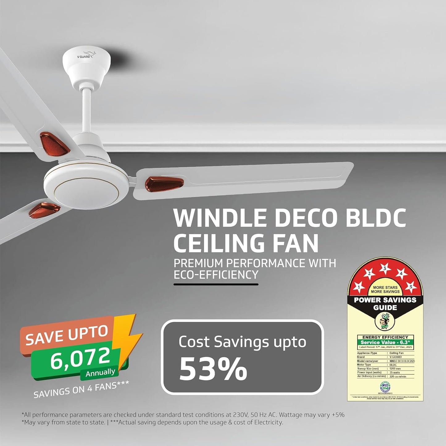 V-Guard Windle Deco BLDC Ceiling Fan for Home | BEE 5 Star Rating | Remote Control | 380 RPM | 1.2 meters | 2-Year Coverage | White
