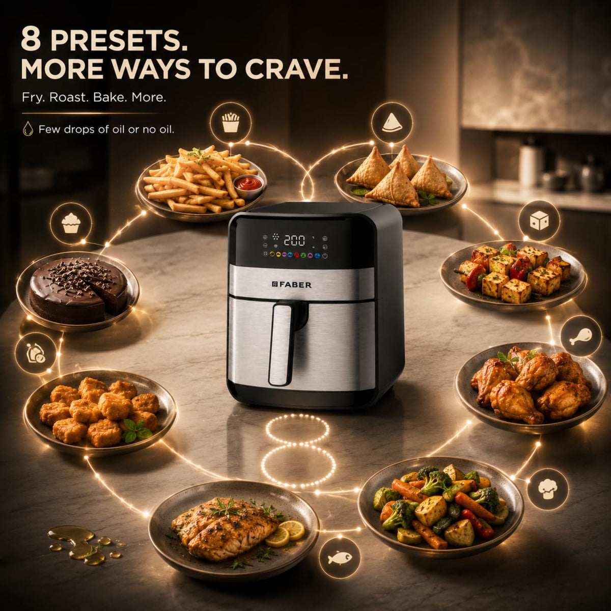 Faber 7L 1600W Digital Air Fryer | Fry, Bake, Roast, Toast, Defrost, Grill & Reheat | 85% Less Oil, 360° Air Cooking | 8