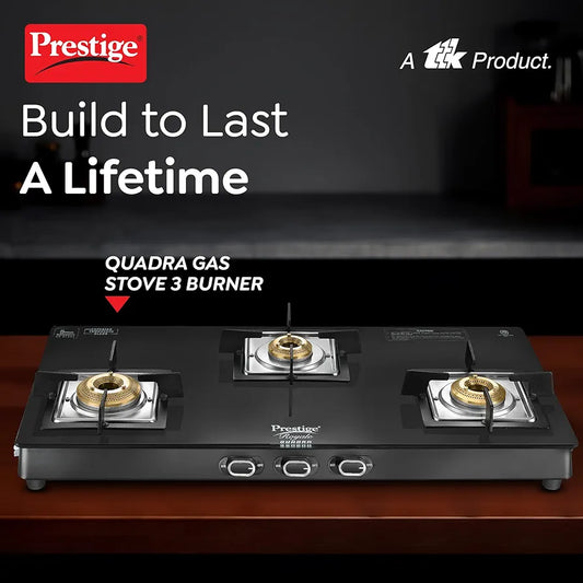Prestige Royale Quadra 3Burner Gas Stove|Superior Toughened Glasstop with 5-Year Warranty| 3-Way Nozzle Design|Tri-Pin Jumbo Burner |Uniquely Designed Pan Support |Elegantly Designed Knobs|Black