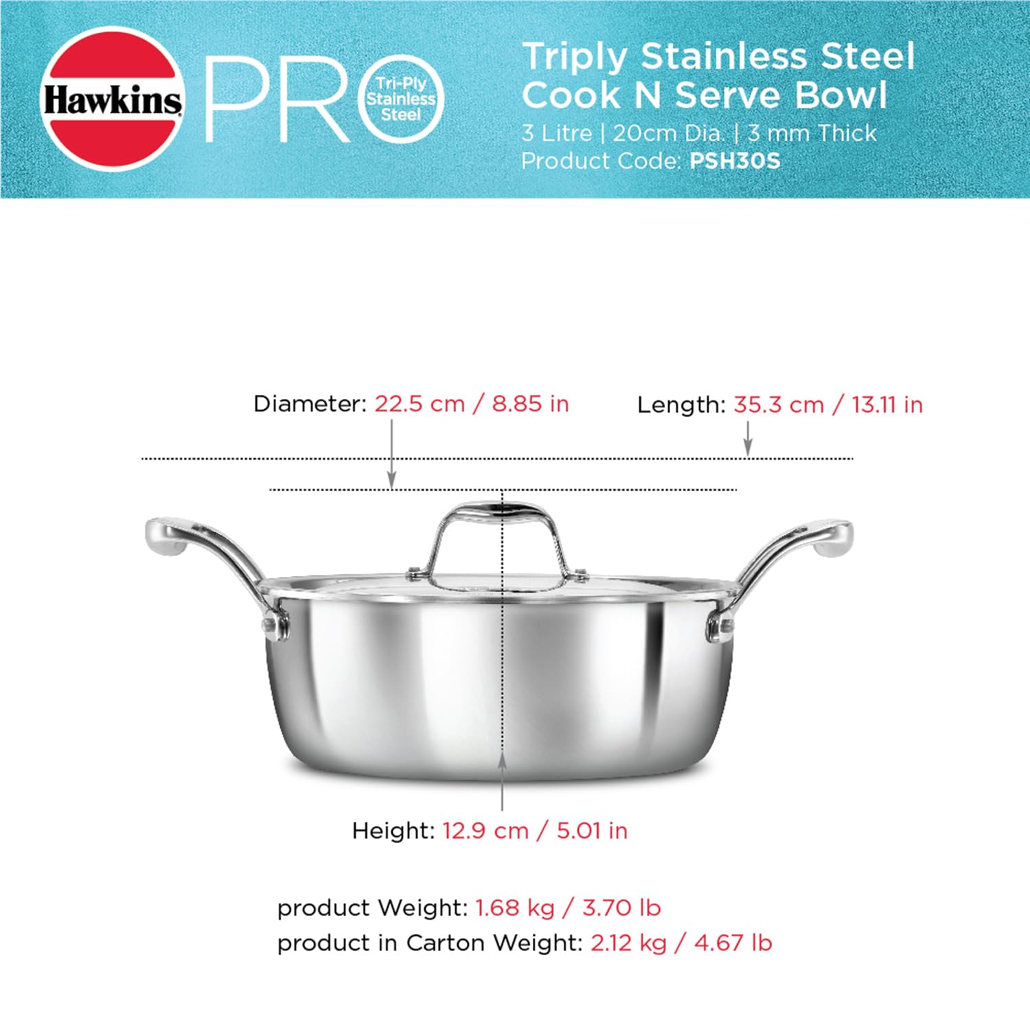 Hawkins 3L Pro Triply Stainless Steel Cook N Serve Bowl with Steel Lid, Silver (PSC30S)