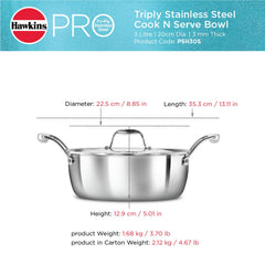 Hawkins 3L Pro Triply Stainless Steel Cook N Serve Bowl with Steel Lid, Silver (PSC30S)