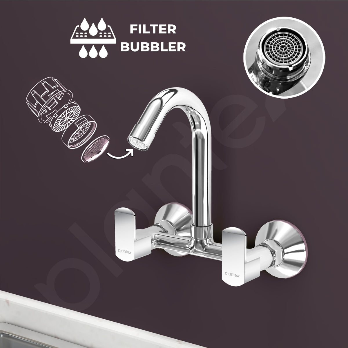 Plantex Sink Mixer for Kitchen with Brass Spindle/360 Degree Rotating Spout/Hot & Cold Water Mixer/Wall Mount Sink Mixer with Teflon Tap - Pack of 1 (Chrome, Kroma)-6
