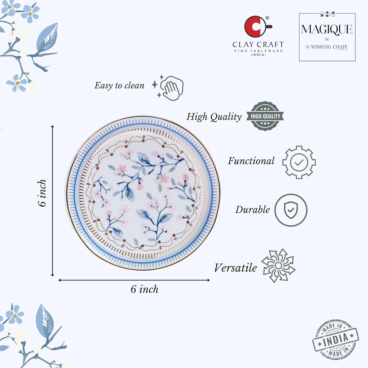 Magique by The Wishing Chair x ClayCraft : River of Flowers Ceramic Plates Set of 4 | 6 Inches | Snack Plates | Elegant Lightweight Small Ceramic Plates for Appetizers & Desserts | Dishwasher Safe