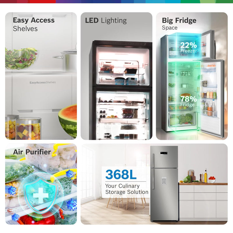 BOSCH Max Convert 368L, 3-Star, Inverter Frost Free Double Door Refrigerator With Water Dispenser (CTC39S03DI, 6-in-1 Convertible, VitaFresh Technology, 2 Cooling System, Shiny Silver)