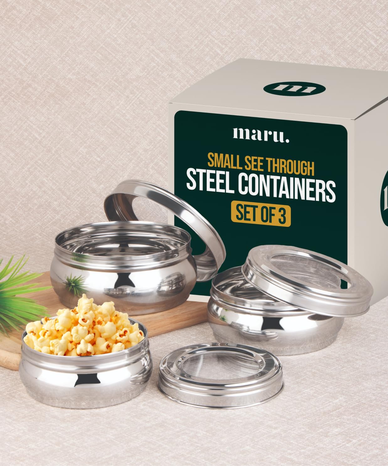 MARU Fridge Storage Containers Stainless Steel set of 4 ((250ml, 450ml, 600ml, 850ml) - Small Round Airtight Food Storage Container, Multipurpose Kitchen Boxes for Leftovers Food, Roti, Chapati & Atta
