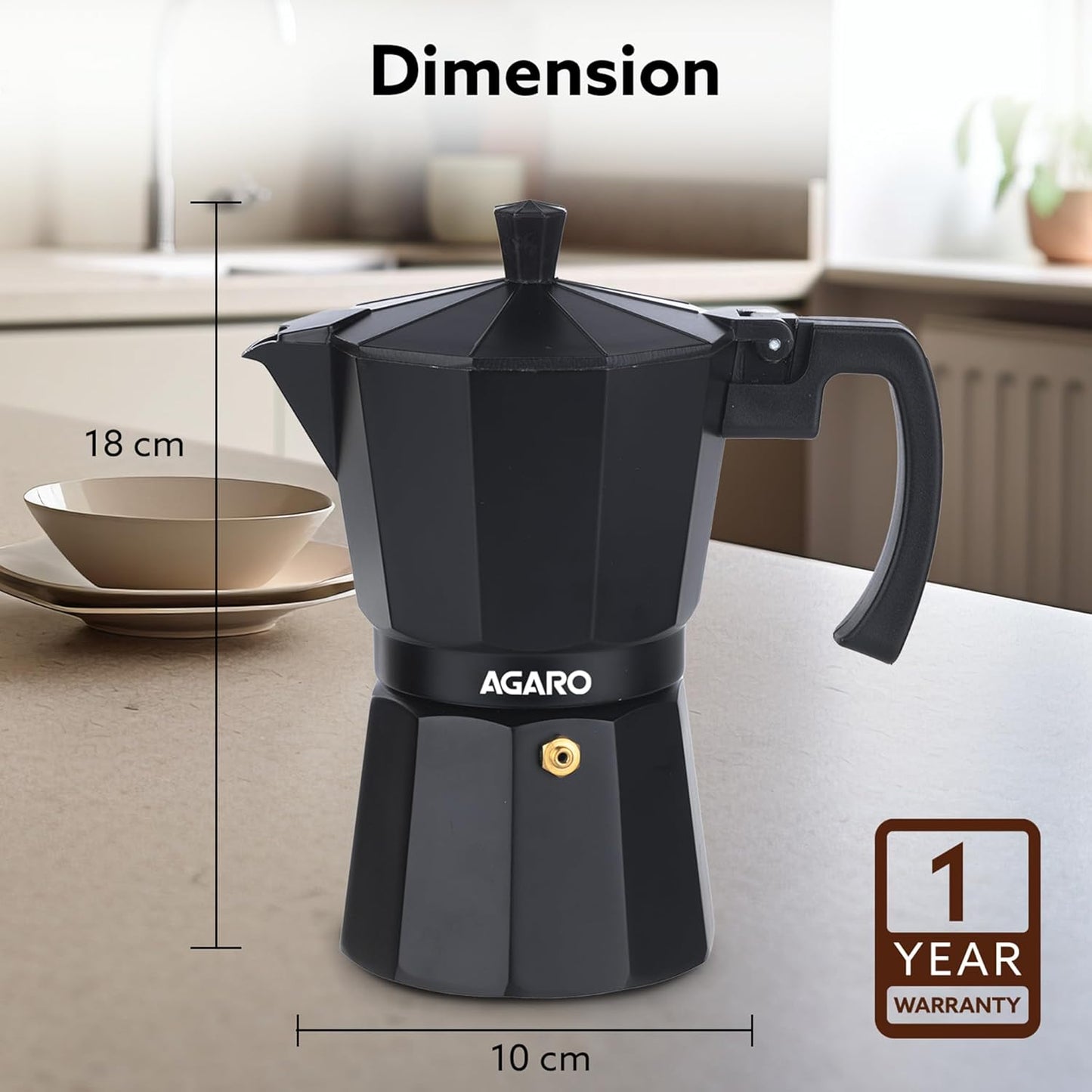 AGARO Classic Moka Pot, Stovetop, Espresso Coffee Maker, 240 Ml, Premium Aluminium Built, Italian Style Mocha, Cuban Café Brewing, Black