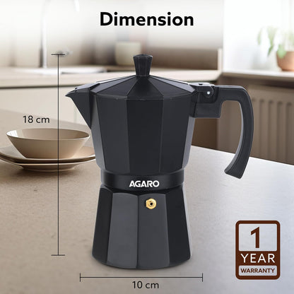 AGARO Classic Moka Pot, Stovetop, Espresso Coffee Maker, 240 Ml, Premium Aluminium Built, Italian Style Mocha, Cuban Café Brewing, Black