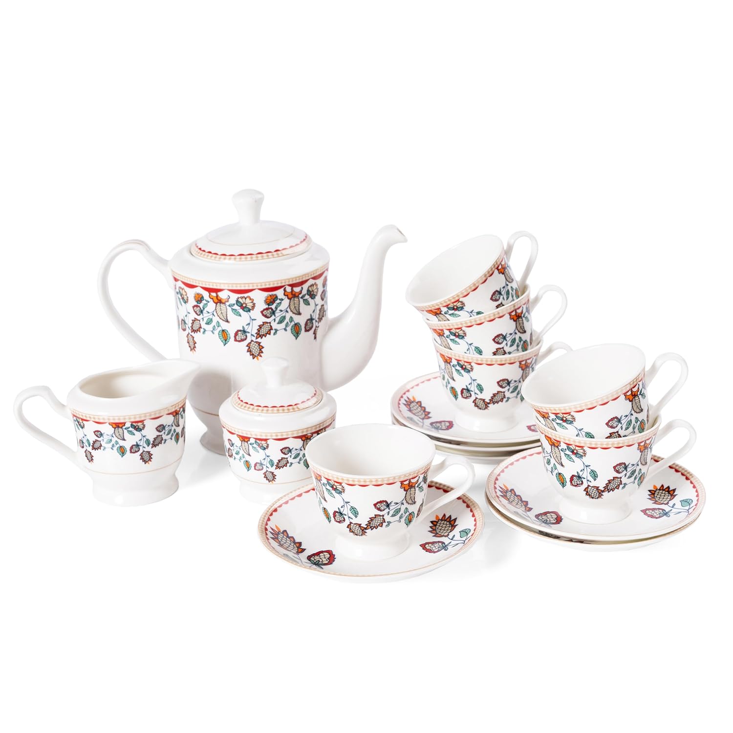 Clay Craft Fine Ceramic Tea Set of 15-1 Tea Pot with Lid +6 Cups+6 Saucers +1 Milk Pot + 1 Sugar Pot (Georgian Super S369)