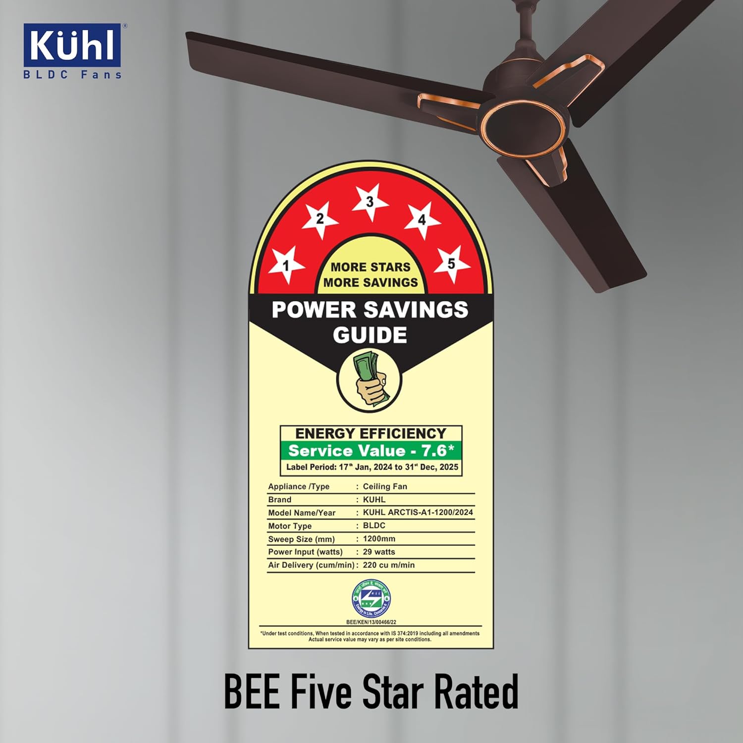 KUHL Arctis A1 1200 mm BLDC 65% Power Saving BLDC Ceiling Fan With Remote | BEE 5 Star Rated & ISI Marked | High Air Flow | 5 Year Warranty on Motor | Espresso Brown