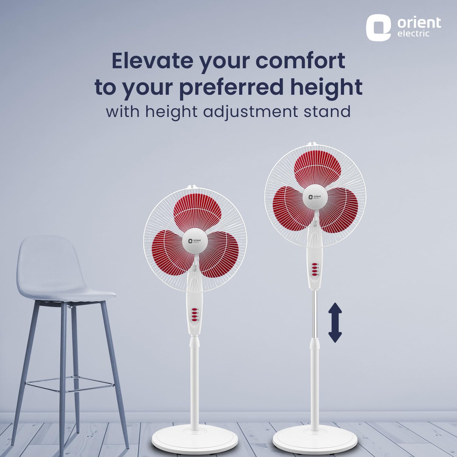 Orient Electric 400 mm Stand 82| Stand fan with tilt & oscillation| Telescopic adjustable height| Piano speed control| Red, pack of 1