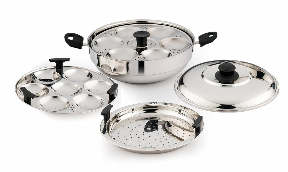 Pigeon Stainless Steel Regal Multi Kadai with 2 Idli Plates(13 Idlies),1 Steamer Plate| Momo Maker|Multi Pot|Steaming Se