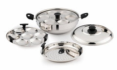 Pigeon Stainless Steel Regal Multi Kadai with 2 Idli Plates(13 Idlies),1 Steamer Plate| Momo Maker|Multi Pot|Steaming Se