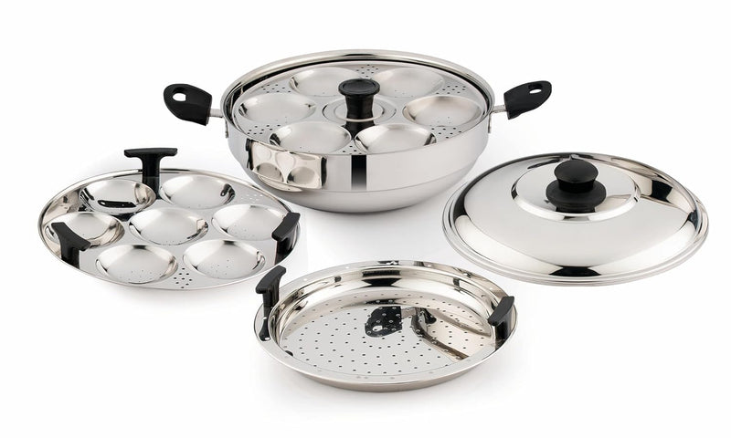 Pigeon Stainless Steel Regal Multi Kadai with 2 Idli Plates(13 Idlies),1 Steamer Plate| Momo Maker|Multi Pot|Steaming Se