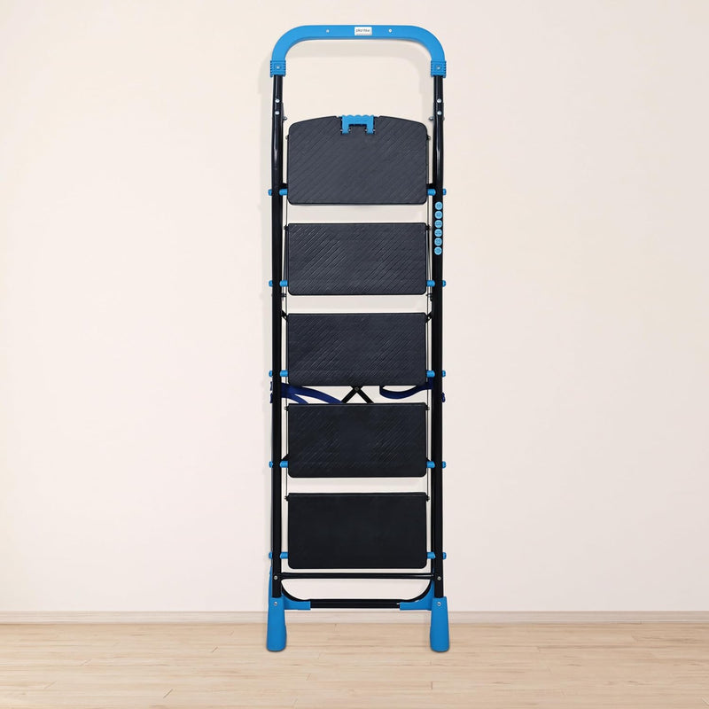 Plantex Heavy-Duty Mild Steel Stylo Folding Ladder with Wide Steps/5 Steps Ladder for Home with Advanced Locking System - 5 Wide Step Ladder(Black & Blue)