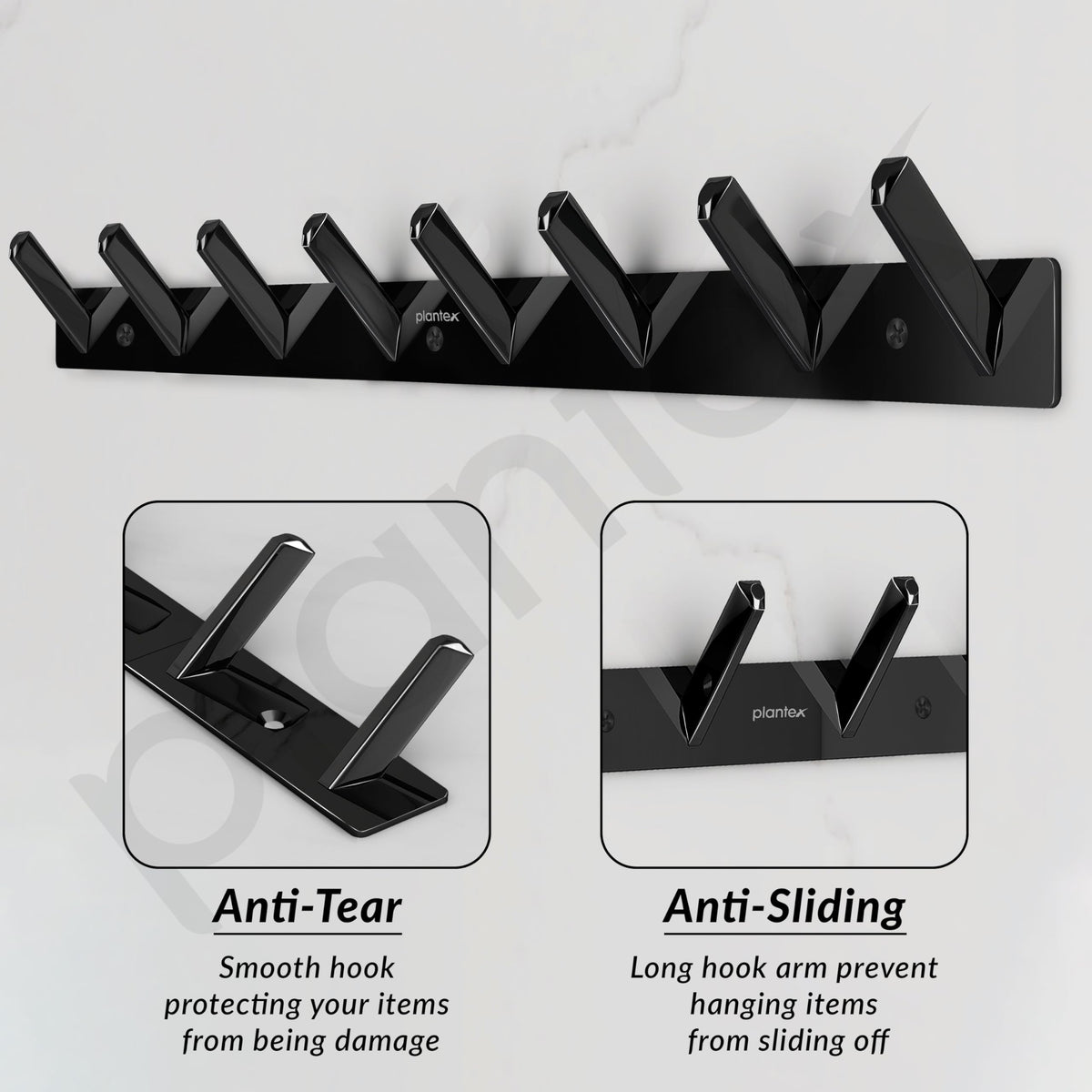 Plantex Wall Hooks for Hanging Cloth/Stainless Steel Towel Hangers/Bathroom Robe Hooks/Door Hangers/Square Wall Hook/Hook Rail for Hanging Keys - 8 Hooks (Pack of 2, PVD Black)-5