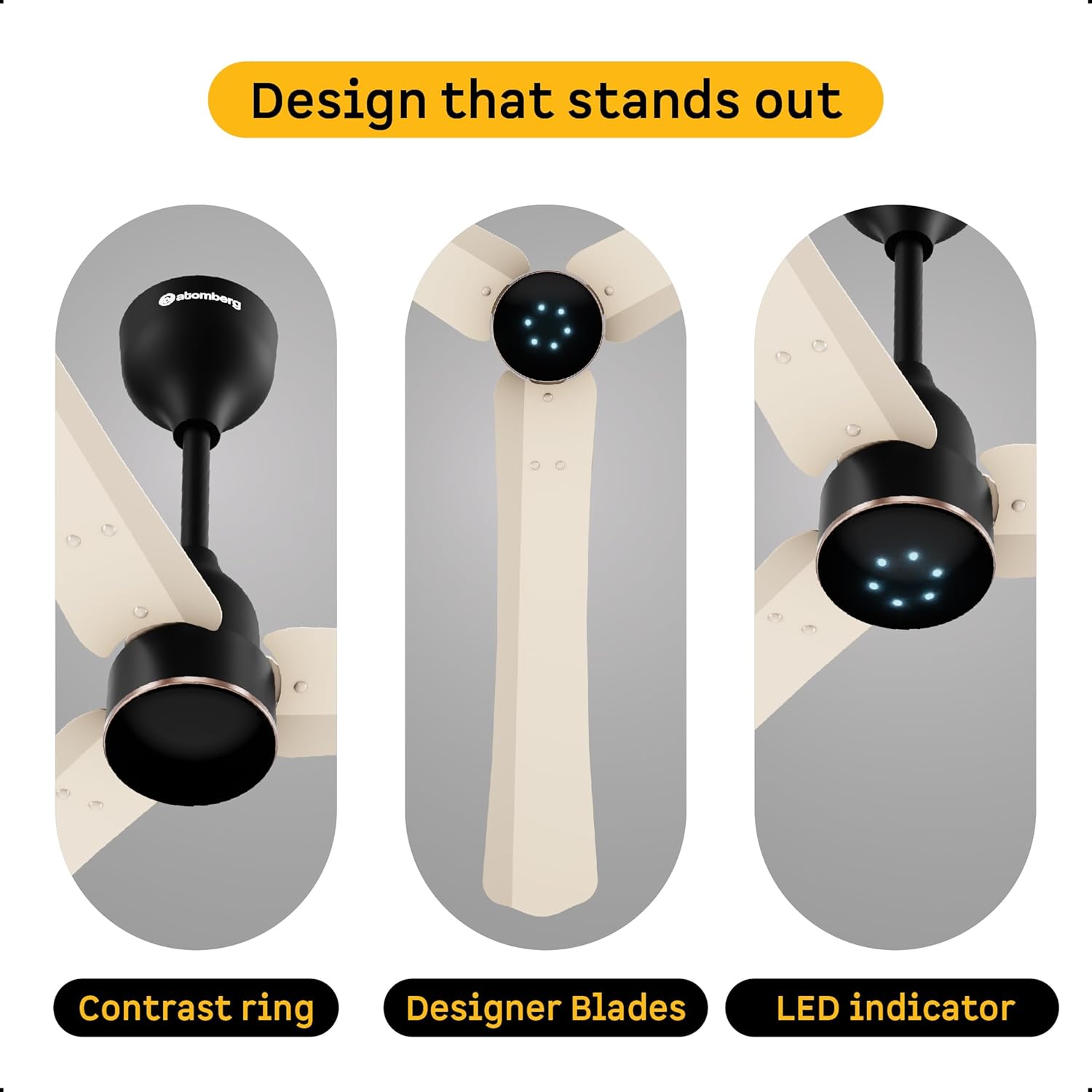 atomberg Renesa Halo Smart Alexa Enabled 1200mm BLDC Ceiling Fan with Remote |BEE 5 star | High Air Delivery | Low noise | LED Speed Indicator | Sleek Design | | 3 Year Warranty| SeaSand Ivory & Black