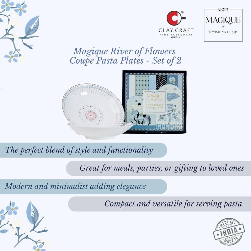 Magique by The Wishing Chair x ClayCraft : River of Flowers Coupe Pasta Plates Set of 2 | Ceramic Coupe Plates | Elegant Dinnerware for Pasta Salads Serving | Dishwasher Safe