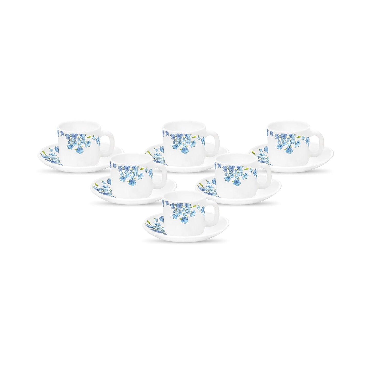 La Opala Diva, Opal Glass Crockery | Coffee Cup & Saucer Cylinder, Set of 12 | Aster Blue, 120 ml | for Tea & Coffee | Microwave Safe | 100% Vegetarian | Extra Strong | Super Light | Super White