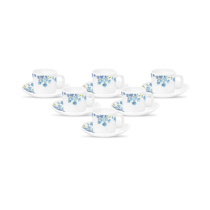 La Opala Diva, Opal Glass Crockery | Coffee Cup & Saucer Cylinder, Set of 12 | Aster Blue, 120 ml | for Tea & Coffee | Microwave Safe | 100% Vegetarian | Extra Strong | Super Light | Super White