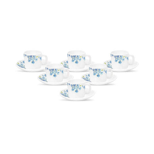 La Opala Diva, Opal Glass Crockery | Coffee Cup & Saucer Cylinder, Set of 12 | Aster Blue, 120 ml | for Tea & Coffee | Microwave Safe | 100% Vegetarian | Extra Strong | Super Light | Super White