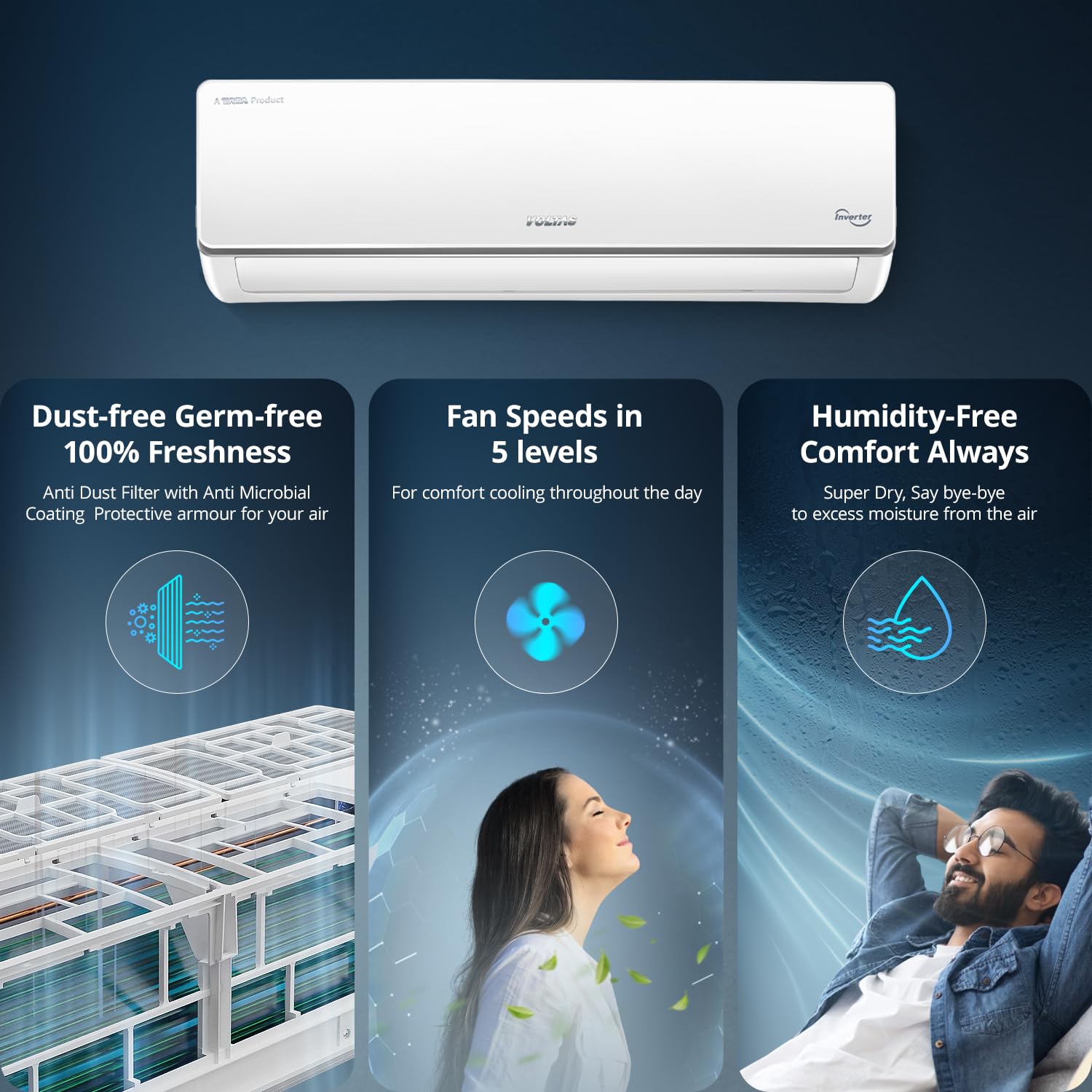 Voltas 243V Vectra CAJ 2 ton 3 star inverter Split AC |4-IN-1 Adjustable mode|Energy Efficient| Anti dust filter with Anti-microbial coating| Sleep mode | Copper Condenser Coil | White