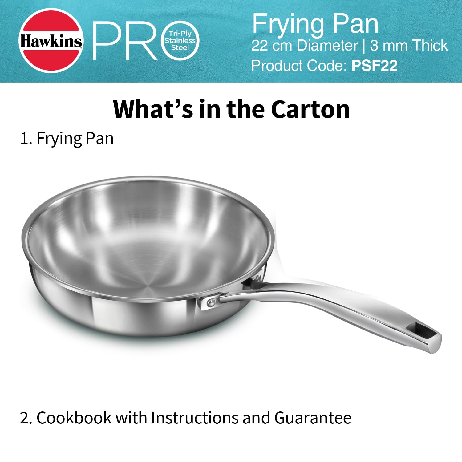 Hawkins Pro 22 cm Frying Pan, Triply Stainless Steel Fry Pan with Stainless Steel Handle, Silver (PSF22)