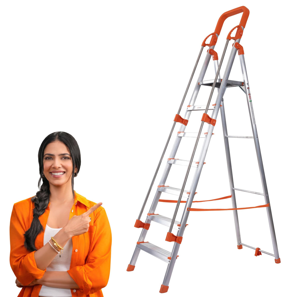 PROHOME Aluminium Ladder for Home 6 Steps Foldable with Tool Tray & Anti-Skid Wide Steps | 6 Step Ladder for Home Use, Kitchen & Household | 250 Kg Capacity Folding Ladder | 5 Year Warranty (Orange)