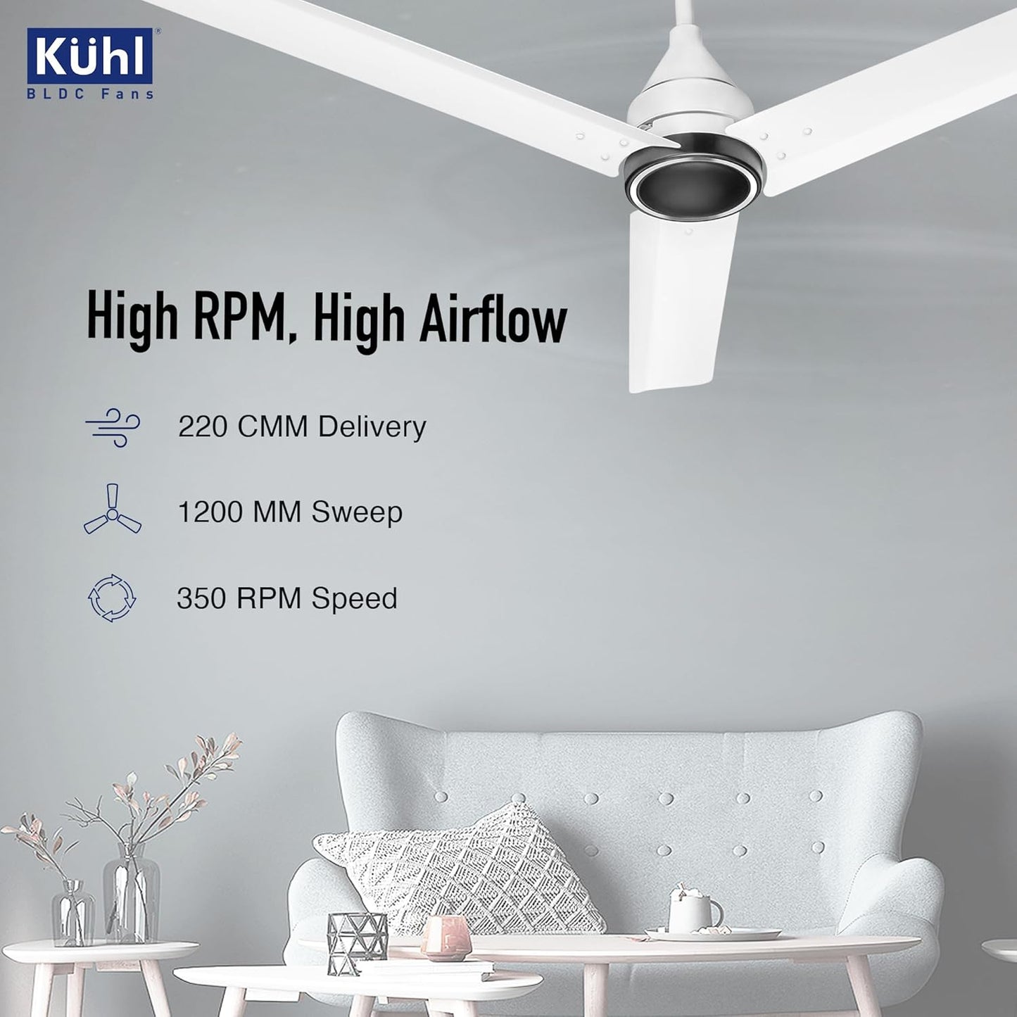 KUHL Arctis A4 1200 mm BLDC 65% Power Saving BLDC Ceiling Fan With Remote | BEE 5 Star Rated & ISI Marked | High Air Flow | 5 Year Warranty on Motor | White Dual