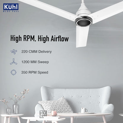 KUHL Arctis A4 1200 mm BLDC 65% Power Saving BLDC Ceiling Fan With Remote | BEE 5 Star Rated & ISI Marked | High Air Flow | 5 Year Warranty on Motor | White Dual