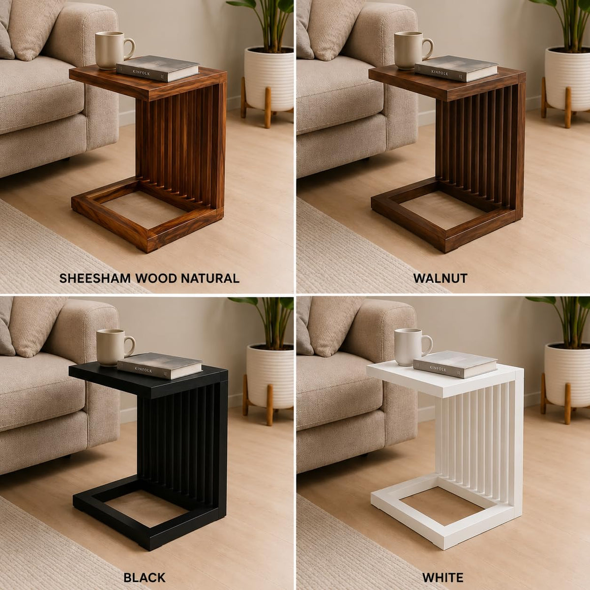 Solid Sheesham Wood C Shape Side Table for Living Room | Modern Sofa End Table | Wooden Laptop Table for Bed | 