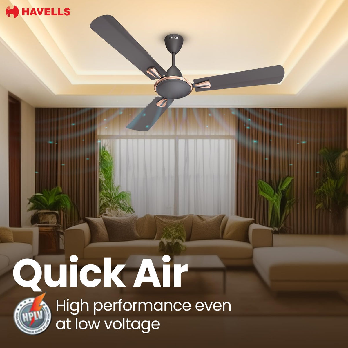 Havells Quickair 900mm Ceiling Fan, High-Speed, Energy Efficient & Silent Operation, Modern Design for Small Rooms-2