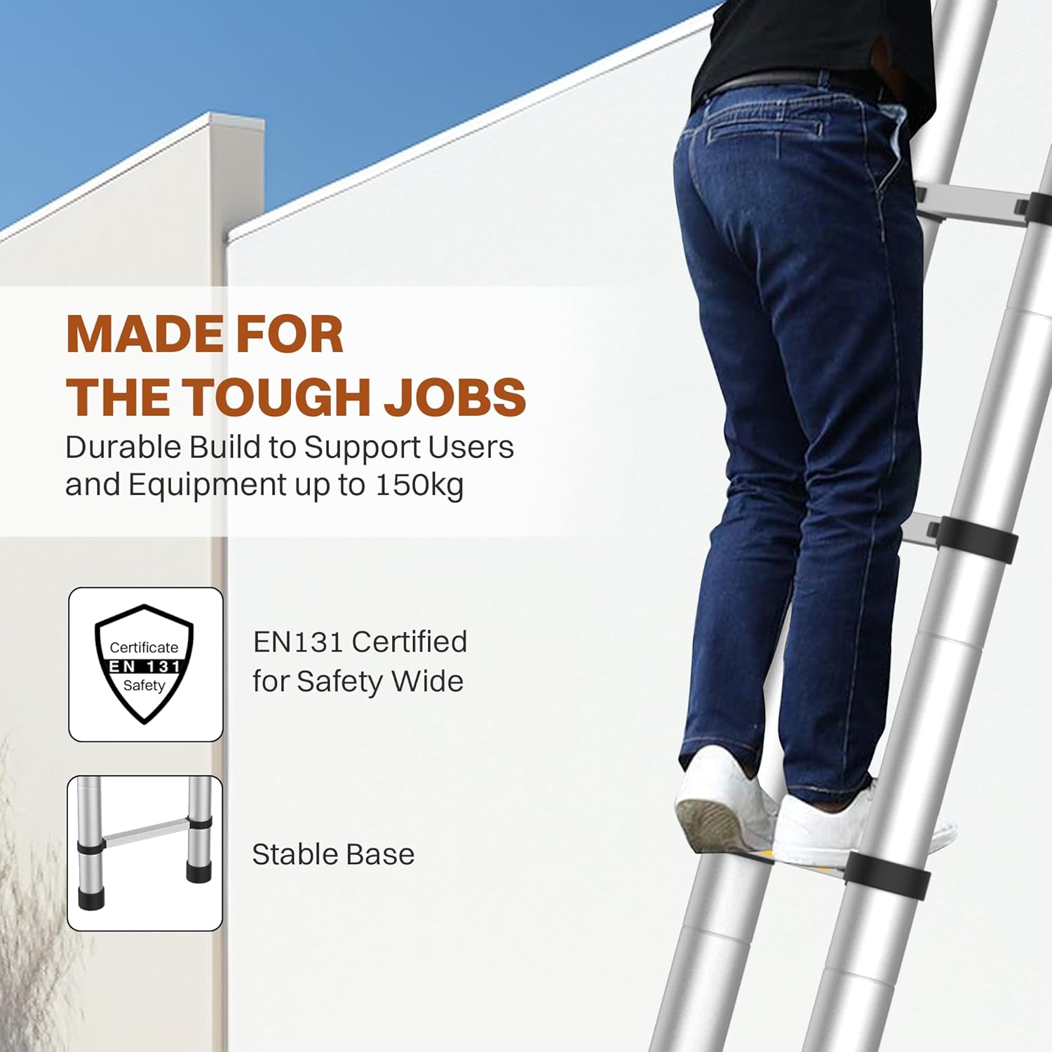 BonKaso VertiPro 3.8M(12.5Ft) Telescopic Ladder|Aluminum Ladder 13 Steps|Multipurpose for Home & Outdoor use with Self Lock Mechanism|EN131 Certified Max Load Capacity of 150kg