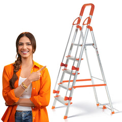 PROHOME Aluminium Ladder for Home 6 Steps Foldable with Tool Tray & Anti-Skid Wide Steps | 6 Step Ladder for Home Use, Kitchen & Household | 250 Kg Capacity Folding Ladder | 5 Year Warranty (Orange)