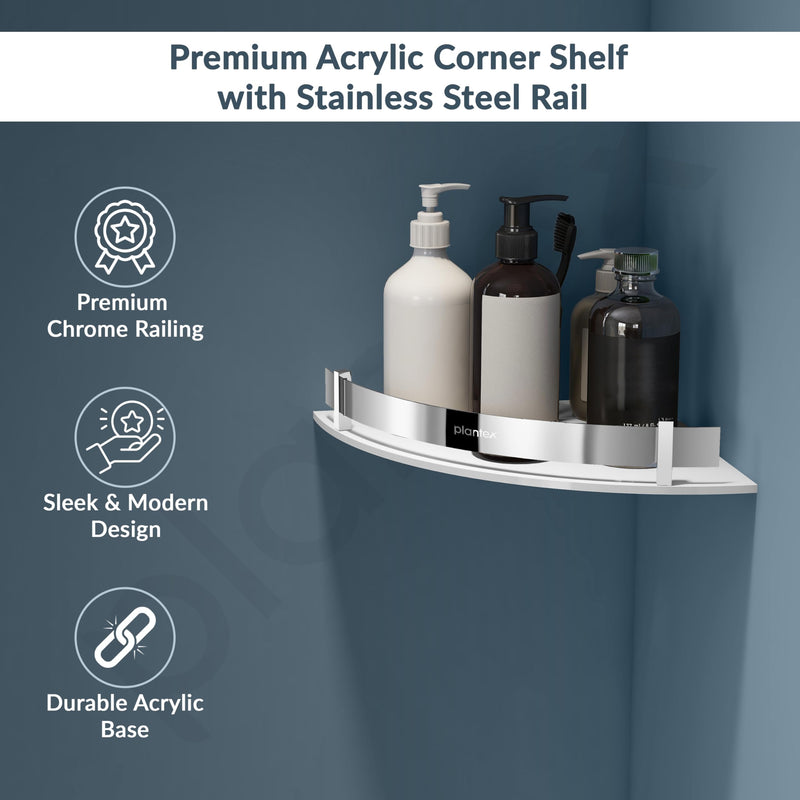 Plantex Bathroom Corner Shelf for Wall Acrylic/Wall Mounted Shelf for Bathroom with Stainless Steel Railings/Wash Room Accessories Items (White, 10x10 inches)-3