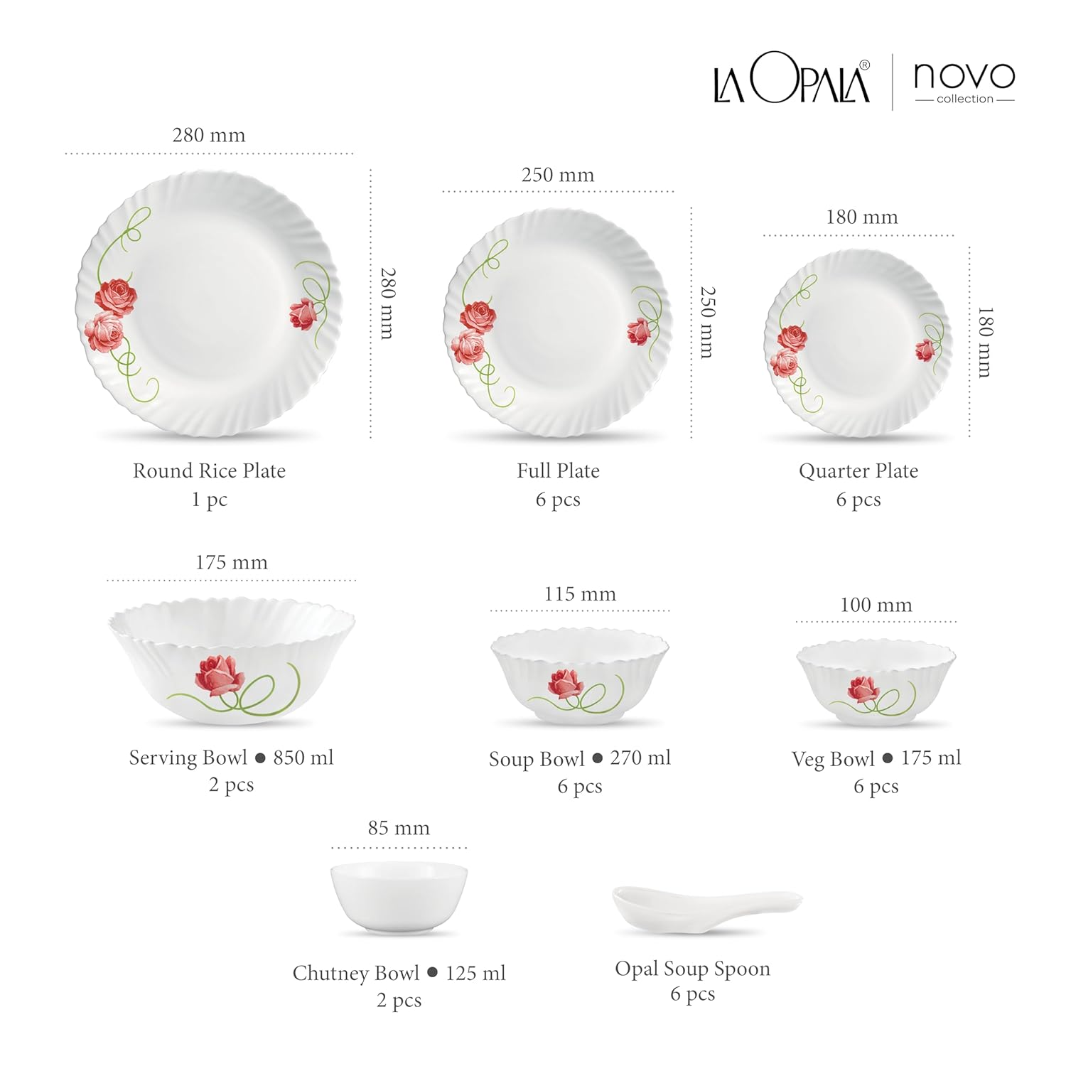 La Opala Novo Collection Opal Glass Crockery | for Family of 6 | Dinner Set 35 pcs Dainty Swirls | Plates & Bowls for Dining | Microwave Safe | 100% Vegetarian | Extra Strong | Light & White