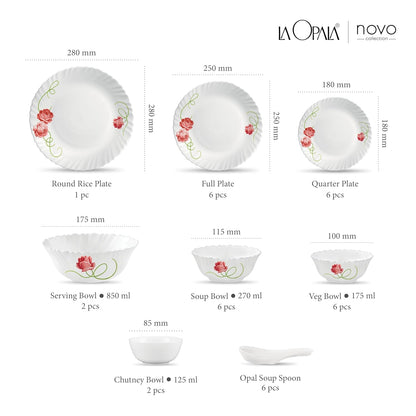 La Opala Novo Collection Opal Glass Crockery | for Family of 6 | Dinner Set 35 pcs Dainty Swirls | Plates & Bowls for Dining | Microwave Safe | 100% Vegetarian | Extra Strong | Light & White