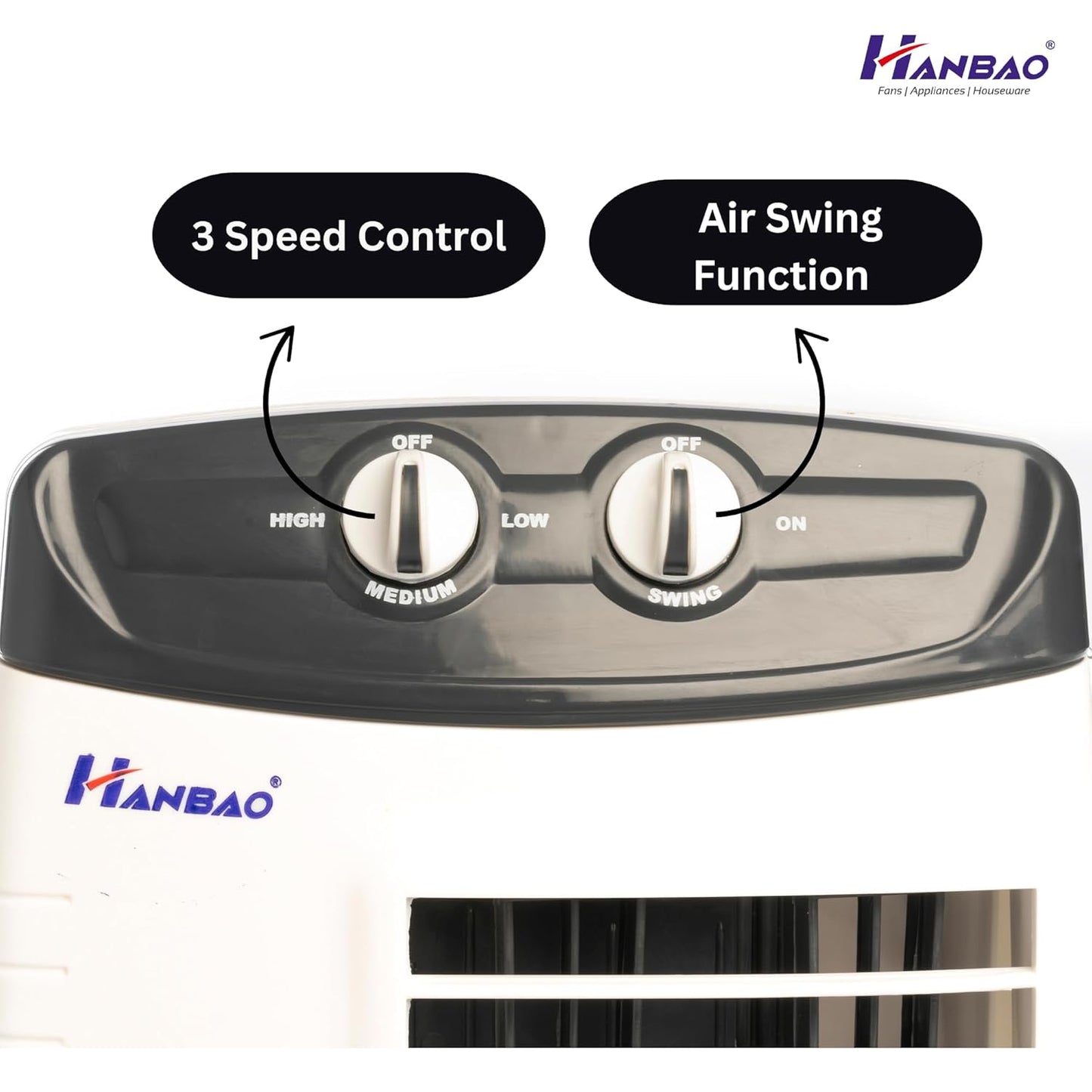 HANBAO high speed Tower Fan with TOP safety motor, 3 Speed - 2 Way Air Deflection, High air throw, REGULAR, 12 months warranty