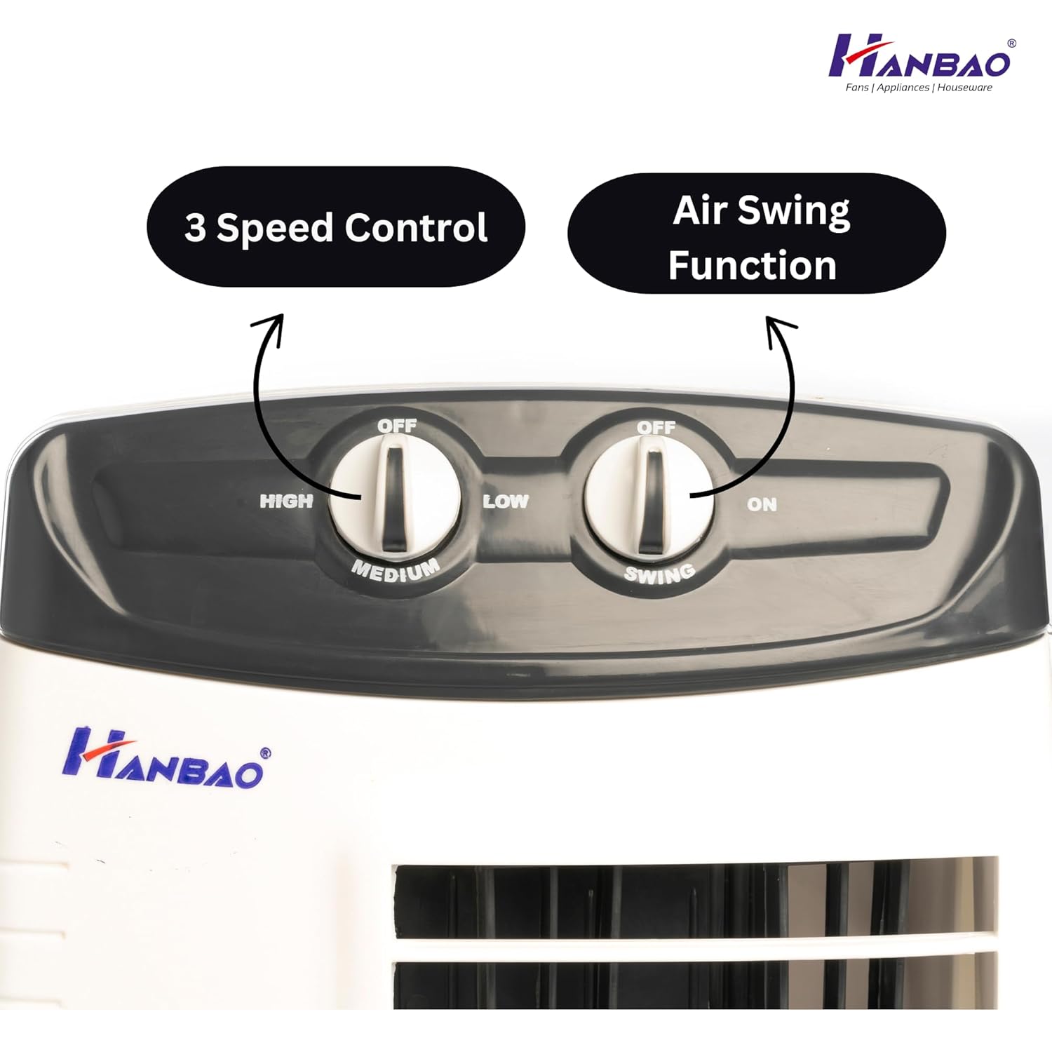 HANBAO high speed Tower Fan with TOP safety motor, 3 Speed - 2 Way Air Deflection, High air throw, REGULAR, 12 months warranty