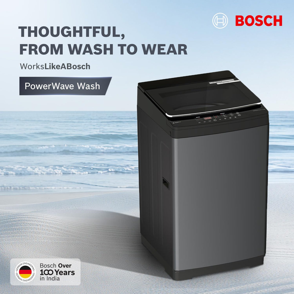 Bosch 10 KG 5 Star Fully Automatic Top Loading Washing Machine,Glass Lid with chrome finish, Smart Program; Tempered Glass with Soft Closing (WOE10DV0IN)