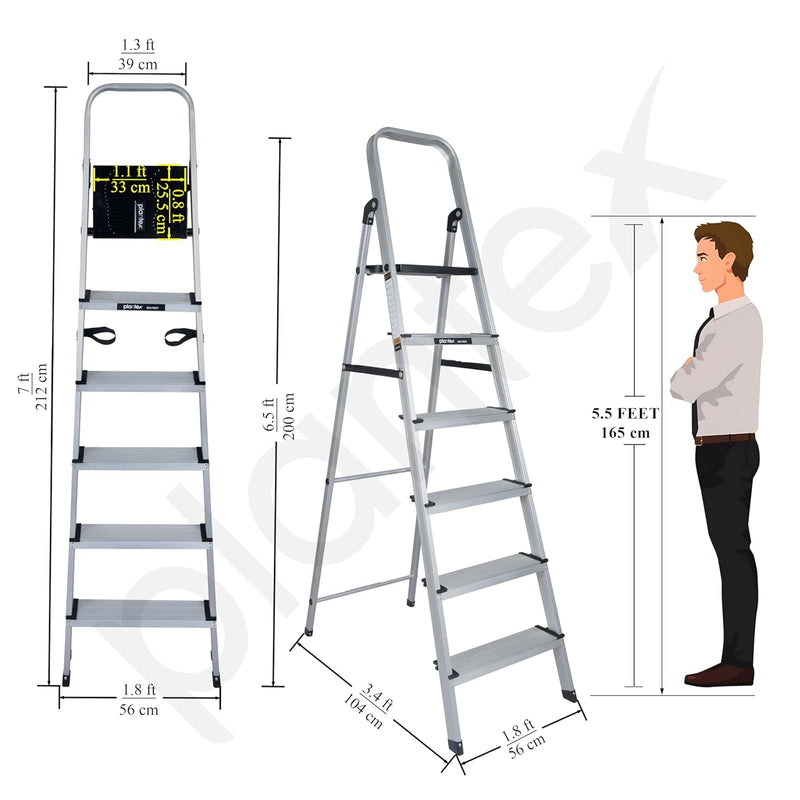 Plantex Big Foot 6 Step Ladder for Home/Aluminium Folding Ladder/Wide Anti-Skid Steps/Multipurpose Use (Black-Silver)