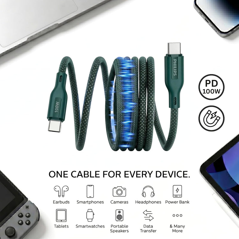 Philips DLC7130CT 100W Magnetic Type-C to Type-C Fast Charging Cable (1m, Crystal Teal)