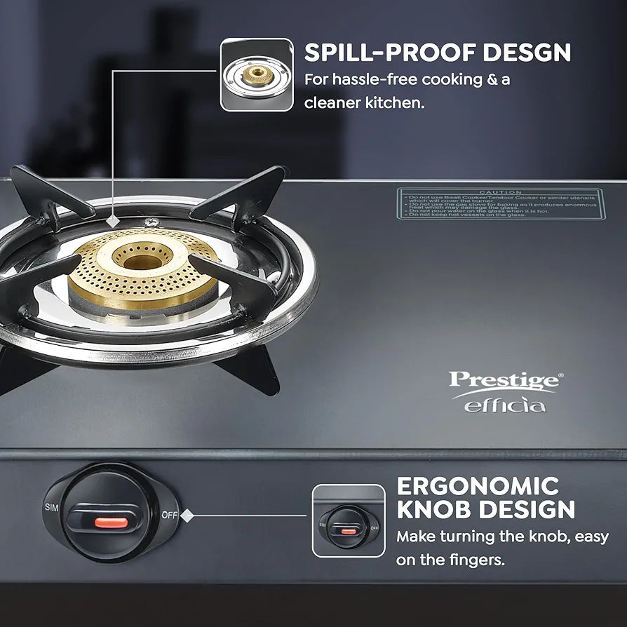 Prestige Efficia LP Open Gas Stove with Powder-Coated Body, Glass Top & 2 Brass Burners