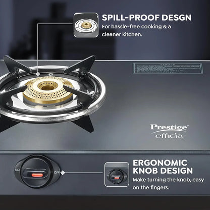 Prestige Efficia LP Open Gas Stove with Powder-Coated Body, Glass Top & 2 Brass Burners